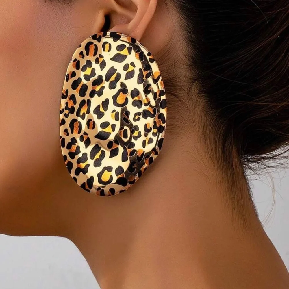 2/$30🌵 Animal Print Cheetah Leopard Jumbo Oval Gold Tone Earrings Boho Gift NEW